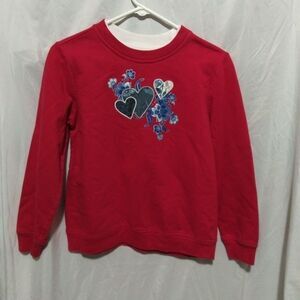 Vintage Grannycore Crew Neck, 90s Red Sweatshirt w/ Blue Flowers & Hearts Sz L